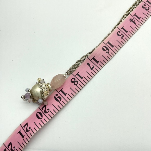 Alex Nicole Long Pendant Necklace Faux Rose Quartz Silver Tone‎ Beaded Charm - Picture 4 of 4